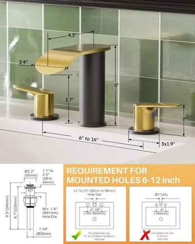 Miniatura 7 de WOWOW Grifo de Baño Cascada 3 Orificios 8 Pulgadas Extendido Grifo de Lavabo de Baño, Dos Manijas Grifos de Lavabo de Tocador con Desagüe Pop-up
