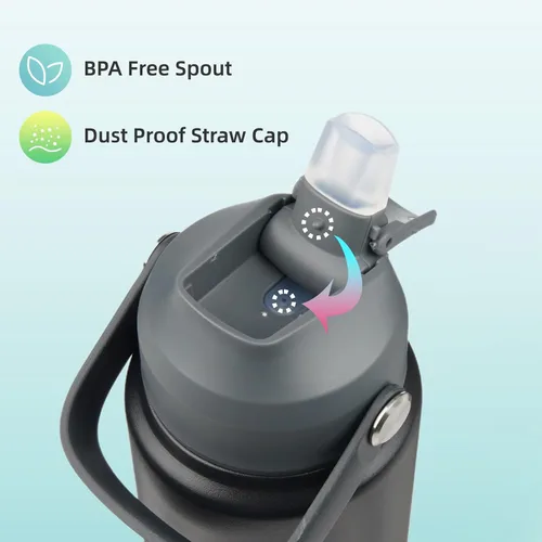 Miniatura 5 de Konokyo Botella de agua aislada con tapa de pajilla, botella de metal al vacío de acero inoxidable de 18 onzas con mango de silicona, color negro