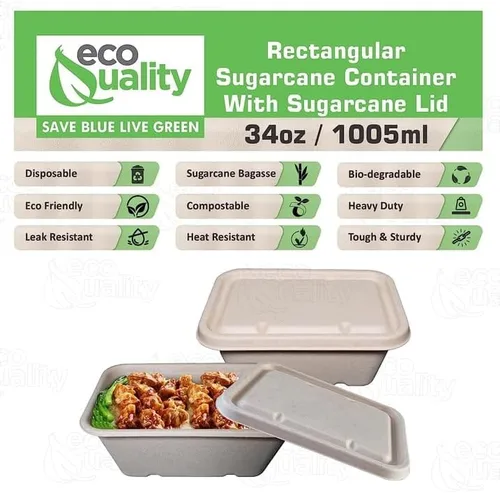 Miniatura 5 de EcoQuality Cuencos desechables de 34 onzas con tapas de fibra, cuencos rectangulares de papel biodegradable de fibra de caña de azúcar compostable