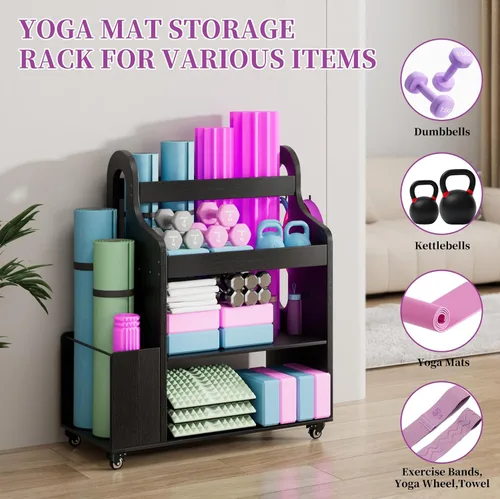Miniatura 3 de Estante de almacenamiento para gimnasio en casa, soporte para esterilla de yoga con ruedas y ganchos, almacenamiento de entrenamiento todo en uno
