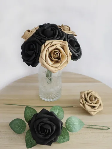 Miniatura 2 de Flores artificiales, 25 unidades, rosas de espuma de aspecto real dorado y negro, rosas falsas con tallos para ramos de boda, centros de mesa, baby