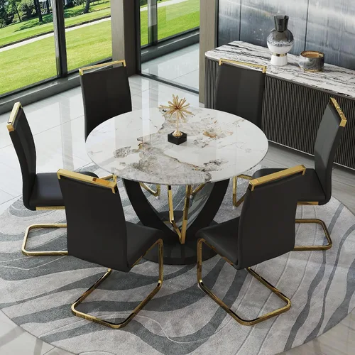 Miniatura 34 de Juego de mesa de comedor redonda de 48'' para 4, juego de mesa y sillas de cocina de mármol, conjunto de 4, mesa redonda con pata de MDF negro