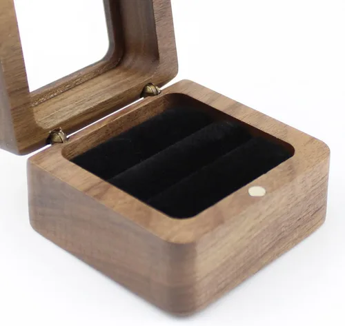 Miniatura 8 de Caja de anillos de madera cuadrada rústica con tapa transparente, para parejas, caja de compromiso, boda, dos ranuras, terciopelo negro