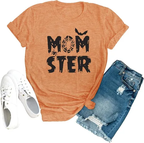 Camiseta de Momster para mujer, divertida camiseta gráfica de murciélago araña para Halloween, casual, estampado de letras de mamá Ster, tops Hocus