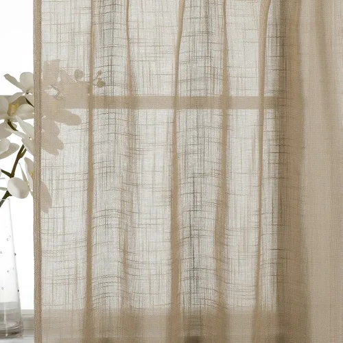 Miniatura 3 de Juego de 3 piezas de cortinas de ventana de cocina de lino semitransparentes con niveles y cenefa, color taupe. Gris pardo