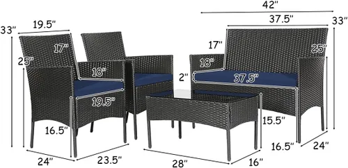 Miniatura 5 de Tangkula Juego de muebles de patio de 8 piezas, juego de conversación de mimbre para exteriores con mesa de vidrio templado, juego de sofá y sillas