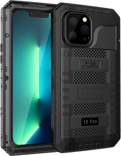 Beasyjoy - Funda impermeable para iPhone 13 Pro, carcasa de metal con protector de pantalla integrado, carcasa protectora de cuerpo completo de Negro