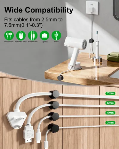 Miniatura 6 de OneLeaf Paquete de 12 clips de cable de resorte giratorios de 360° [1s bloqueo], soporte de cable adhesivo para mesita de noche, soporte de cable