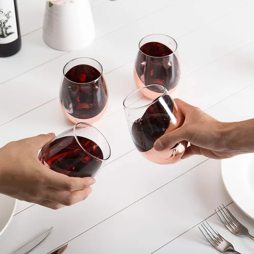 Miniatura 5 de MyGift Juego de 4 copas de vino sin tallo - Barware moderno con acento en cobre, elegantes copas para bodas y celebraciones con acabado metálico