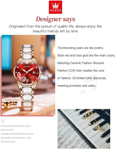 Miniatura 3 de OLEVS Reloj de pulsera para mujer, oro rosa, elegante, de cerámica, para mujer, de cuarzo, acero inoxidable, impermeable, luminoso