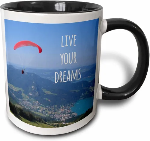 3dRose Live your dreams and fly - Palabras motivacionales inspiradoras - refranes motivadores - volar - parapente - Taza negra de dos tonos, 11 onzas