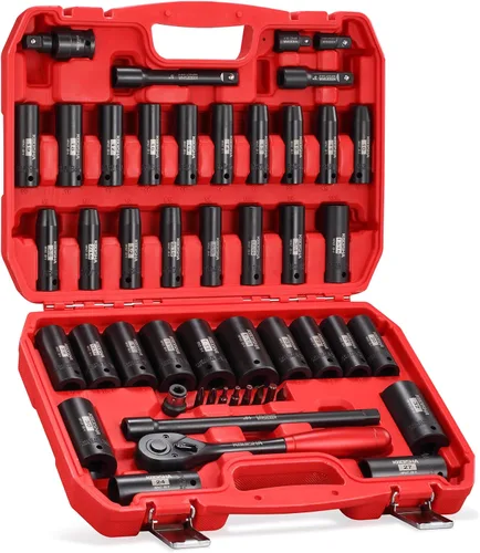 KBOISHA Juego de llaves de impacto de 1/2", 48 piezas de 6 puntos profundos de 6 puntos de zócalos estándar SAE y métricos CR-V con adaptador de