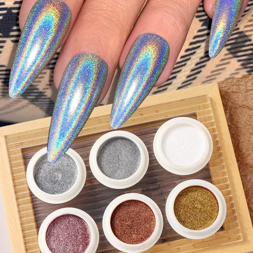 Miniatura 6 de Juego de polvos de uñas cromados, 6 colores metálicos dorados, plateados, rosas, rosas, blancos, espejos, polvos de uñas, pigmento holográfico