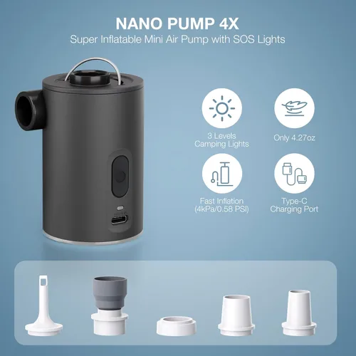 Miniatura 2 de Portable Air Pump for Inflatables, Ultra-Mini Air Mattress Pump 4X with 1600mAh Battery & Camping Light, USB Rechargeable Air Pump for Swimming Negro