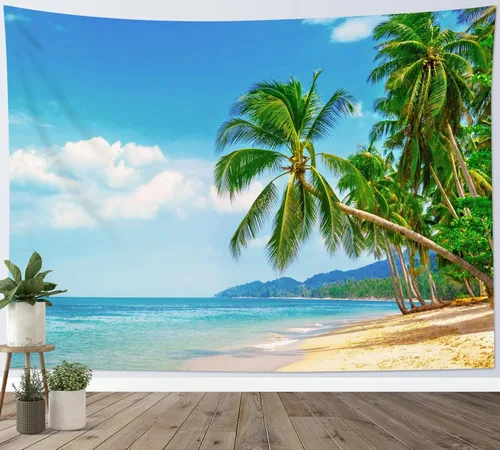 Miniatura 12 de HVEST Tapiz de playa para colgar en la pared, paisaje tropical azul océano, tapiz natural para dormitorio, palmera verde con cielo azul, nube
