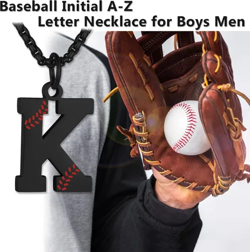Miniatura 6 de Susook Collar con inicial de béisbol para niños, dije de letra A-Z, cadena de acero inoxidable de 22 + 2 pulgadas, regalo de béisbol personalizado