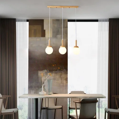 Miniatura 2 de Vintage Farmhouse Wood Pendant Lights, Modern 3 Head Ceiling Hanging Lighting, Milky White Globe Glass Shade Chandelier for Kitchen Island Dining