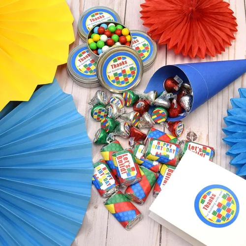 Miniatura 7 de Kit de calcomanías para fiesta de cumpleaños de bloques de construcción y ladrillos, 429 piezas, incluye 60 calcomanías circulares de 2 pulgadas