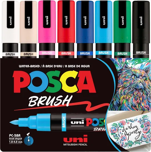 POSCA PC-5BR Marcadores de Pintura a Base de Agua, Punta de Pincel Reversible (1.0-4.0mm), Colores Surtidos, Paquete de 8