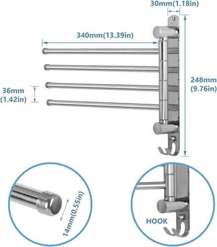 Miniatura 2 de JSVER - Toallero giratorio de 4 brazos para baño, toallero montado en la pared, de acero inoxidable SUS304, ahorrador de espacio, toalleros