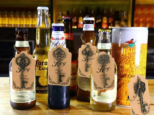Miniatura 4 de 50 abridores de botellas, recuerdos de boda, abrebotellas de esqueleto vintage, abridor de botellas con tarjetas de escolta y llaveros, regalos