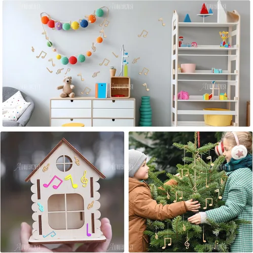 Miniatura 4 de AUEAR, Paquete de 60 notas musicales con recortes de madera, mini notas musicales, adornos de madera, rebanadas sin terminar para manualidades
