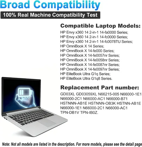 Miniatura 5 de GD03XL N66215-005 - Batería de repuesto para laptop HP Envy x360 14 2 en 1 14-fa0000 / OmniBook X 14 / EliteBook Ultra G1q Series GD03059XL