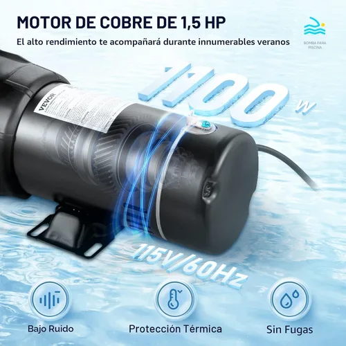 Miniatura 3 de VEVOR Bomba de piscina, 1.5 HP 115 V, 1100 W Bombas de velocidad única para piscina sobre el suelo con cesta de colador, 5280 GPH Max. Caudal