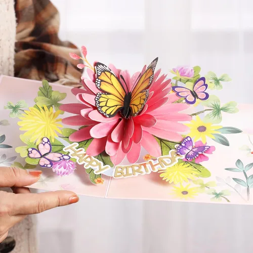 Miniatura 6 de Tarjetas de cumpleaños desplegables para mujeres y esposa, hermosas flores y mariposa monarca, elegante, floral 3D, tarjetas de felicitación