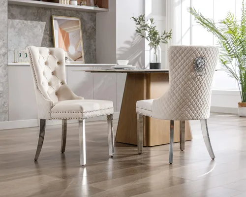 Miniatura 2 de KCC Juego de 2 sillas de comedor tapizadas de terciopelo, modernas sillas capitoné con botones con anillo de cabeza de león y patas de acero Patas