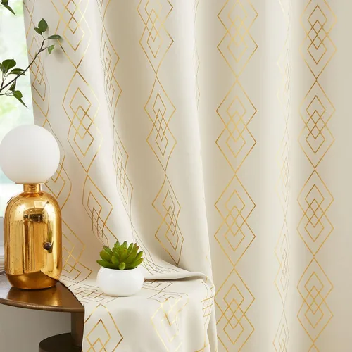 Miniatura 11 de Cortinas 100% opacas para dormitorio, cortinas metálicas geométricas de diamante en oro sobre blanco 63 pulgadas de largo, cortinas oscuras