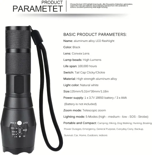 Miniatura 8 de Linterna LED de alto lúmenes, paquete de 5 linternas tácticas para camping, senderismo, pasear perros - Potentes linternas de emergencia con 5 modos