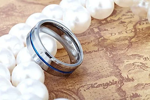 Miniatura 4 de Tusen Jewelry, anillo de boda con delgada línea azul chapado en carburo de tungsteno.