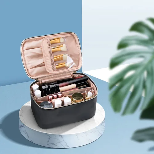 Miniatura 7 de OCHEAL Bolsa de maquillaje, bolsa de cosméticos portátil, organizador de maquillaje de viaje de gran capacidad, color negro para mujeres, bolsa