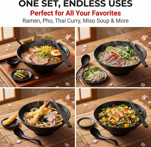 Miniatura 7 de Juego de 2 tazones de ramen irrompible estilo japonés, 37 onzas, grandes cuencos y cucharas de melamina mate con palillos y platillos para fideos