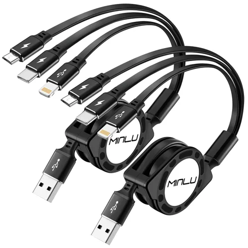 MINLU Cable de carga múltiple 3A, paquete de 2 cables de carga múltiple retráctiles de 4 pies 3 en 1, adaptador de cargador USB C con puertos