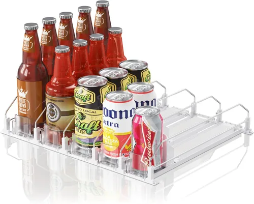 Miniatura 26 de Organizador de Bebidas para Refrigerador, 12oz 16oz 20oz - Dispensador de Latas de Refresco para Refrigerador, Ancho Ajustable, Deslizador Negro