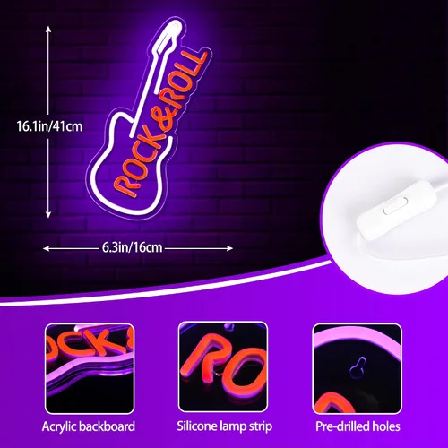 Miniatura 4 de Letrero de neón de guitarra para decoración de pared, luces de neón de música en vivo para estudio de música, letrero de guitarra LED Rock and Roll
