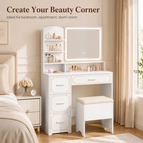 Miniatura 3 de Makeup Vanity Desk with Lighted Mirror and Power Outlet, Vanity Table Set with Stool, 5 Open Shelves and 4 Drawers, White Dressing Table with