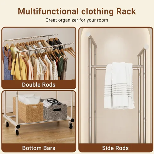 Miniatura 5 de TigerParty Perchero de doble barra para colgar ropa, perchero resistente de acero inoxidable resistente, perchero con ruedas para dormitorio
