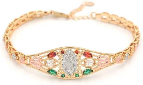 007 Giffor - Pulsera de oro de 14 quilates para mujer con relleno de oro de Guadalupe pulsera de tres colores Virgen de Guadalupe Chapa de Oro