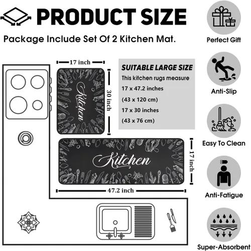 Miniatura 5 de Juego de 2 alfombras y tapetes de cocina antideslizantes, lavables, color negro, suaves, superabsorbentes, antifatiga, juego de tapetes de cocina