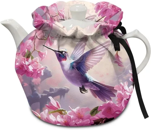 Miniatura 13 de DISNIMO Funda de tetera aislada a prueba de polvo con diseño floral de colibrí, para mantener el calor, accesorios decorativos, colcha
