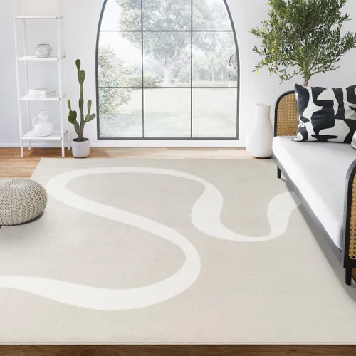 Miniatura 13 de Abani Alfombra abstracta de color beige/negro, 4 x 6 pies, diseño moderno de línea curva, colección Deco, fácil de limpiar, duradera para zonas