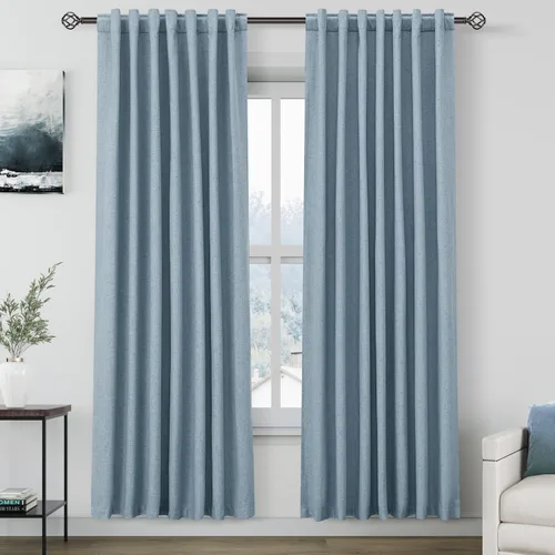 Miniatura 84 de Cortinas de lino 100% opacas para dormitorio, 102 pulgadas de largo, con pestaña trasera, bolsillo para barra, paneles acústicos con aislamiento