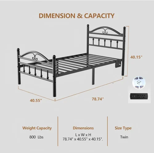 Miniatura 2 de Marcos de Cama Tamaño Twin con Estación de Carga, Marco de Cama de Plataforma de Metal Negro con Luces LED, Soporte de Listones de Acero Metal