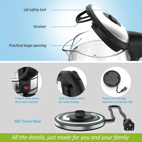 Miniatura 6 de NISVITU Hervidor eléctrico inalámbrico de vidrio y acero inoxidable para hervir agua, hervidor de agua caliente Hervidor eléctrico de té con apagado