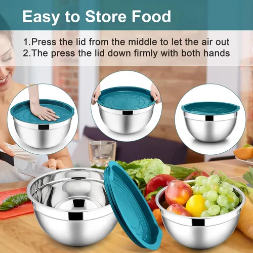 Miniatura 7 de E-far Tazones para mezclar con tapas, juego de 6 piezas de tazones para ensalada de acero inoxidable, tazones de metal anidables para hornear, Azul