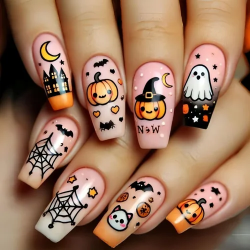 Miniatura 23 de Uñas postizas a presión de Halloween, uñas postizas cuadradas cortas con diseños de gato negro, acabado degradado brillante, cobertura completa
