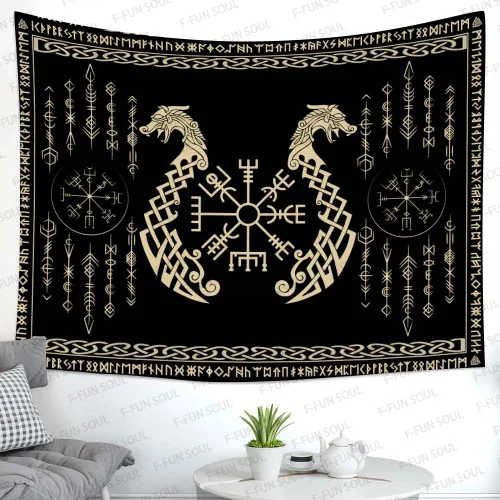 Miniatura 4 de Tapiz de los vikingos nórdicos, franela suave grande de 60 x 51 pulgadas, símbolo Vegvsir gemelos dragones, runa celta escandinava, tapiz